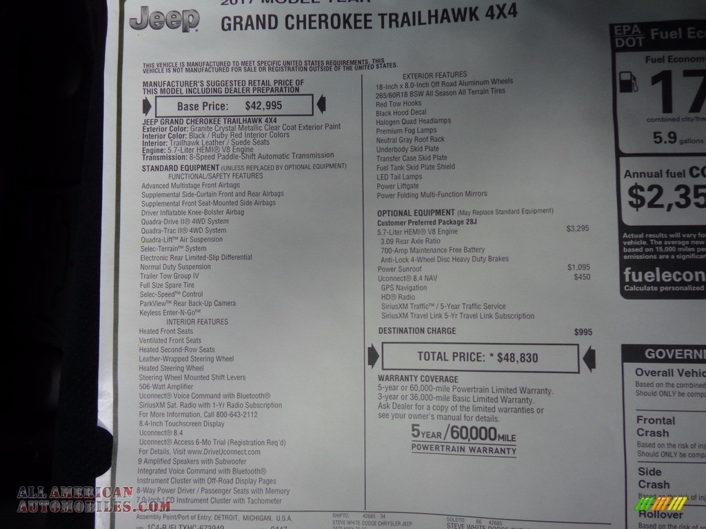 2017 Grand Cherokee Trailhawk 4x4 - Granite Crystal Metallic / Black photo #34