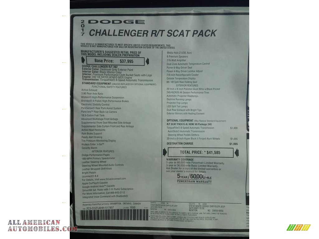 2017 Challenger R/T Scat Pack - Destroyer Grey / Black photo #27