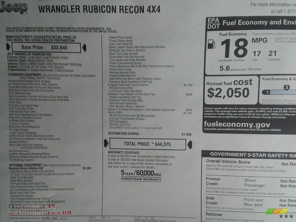 2017 Wrangler Rubicon Recon Edition 4x4 - Gobi / Black photo #30