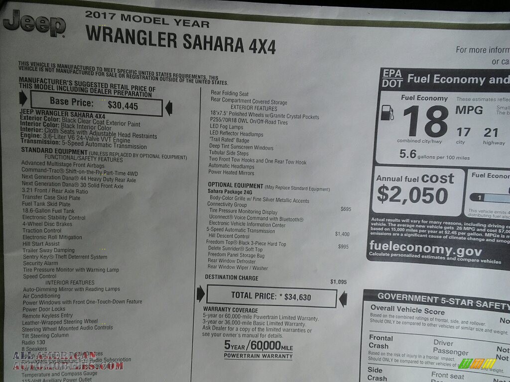 2017 Wrangler Sahara 4x4 - Black / Black photo #27