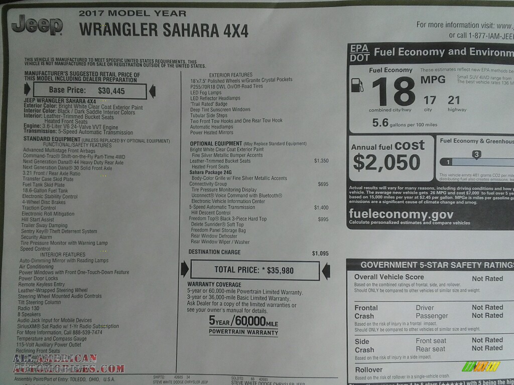 2017 Wrangler Sahara 4x4 - Bright White / Black/Dark Saddle photo #26