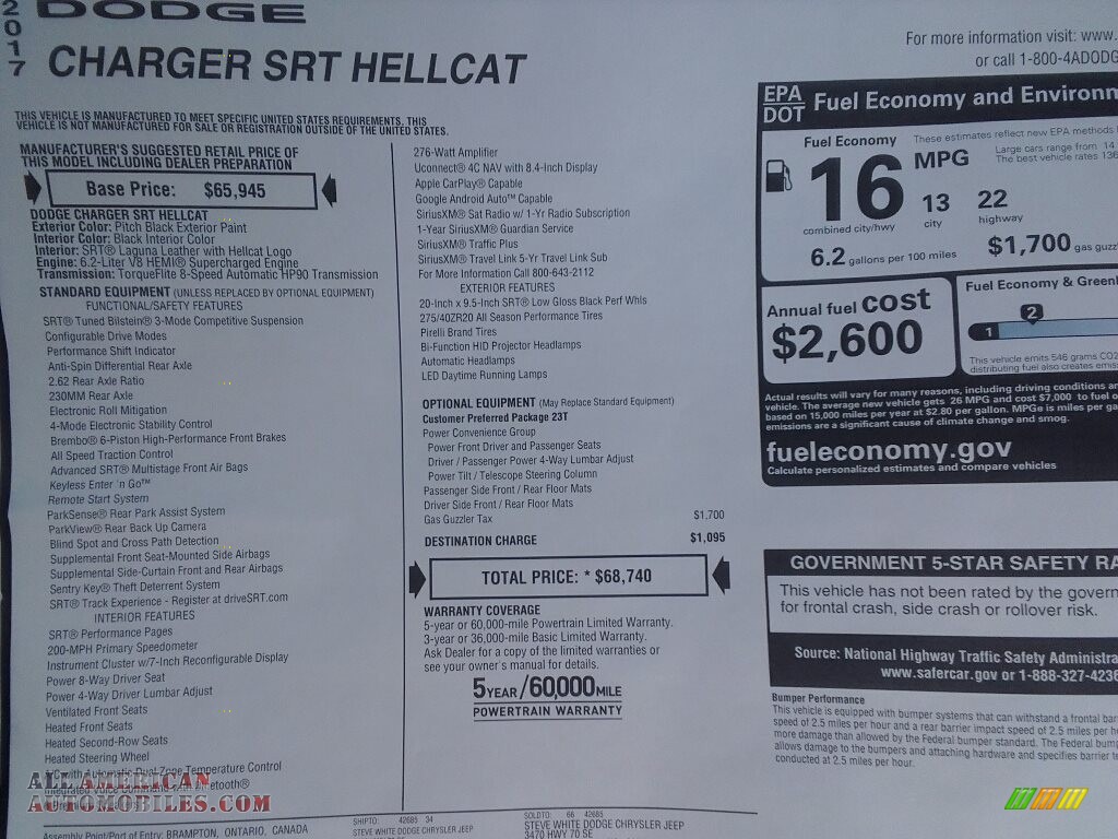 2017 Charger SRT Hellcat - Pitch-Black / Black photo #34