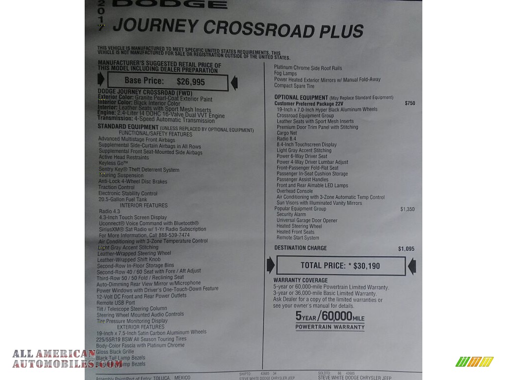 2017 Journey Crossroad Plus - Granite Pearl-Coat / Black photo #29