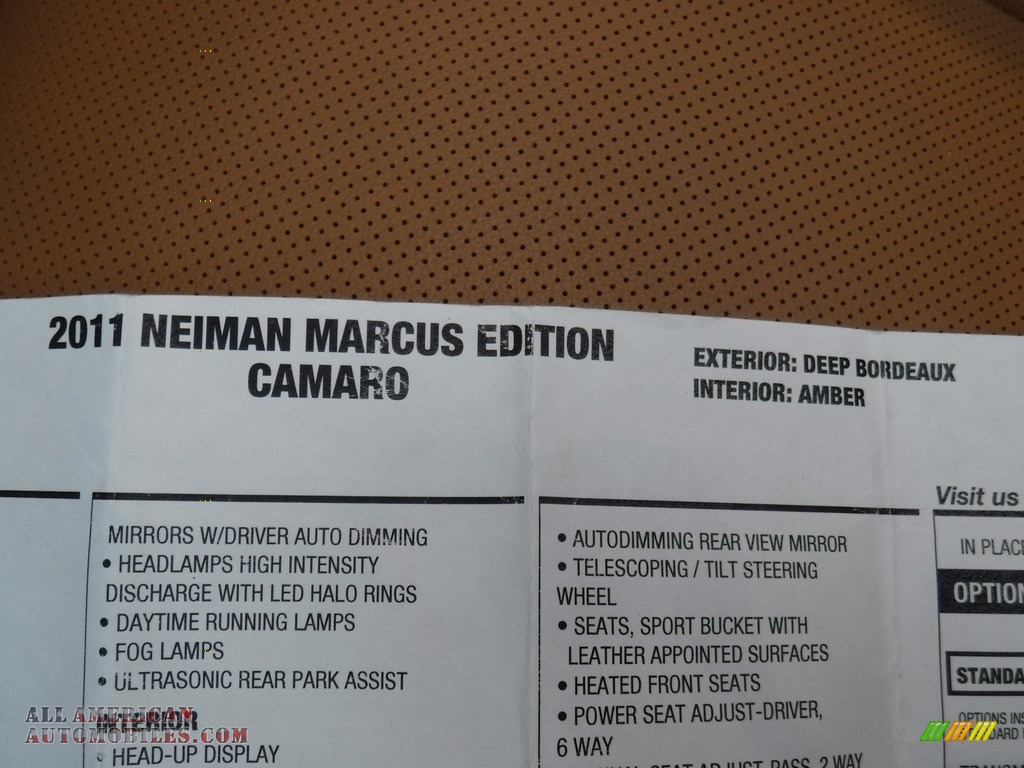 2011 Camaro Neiman Marcus Edition SS/RS Convertible - Neiman Marcus Deep Bordeaux Metallic / Neiman Marcus Amber/Black photo #42