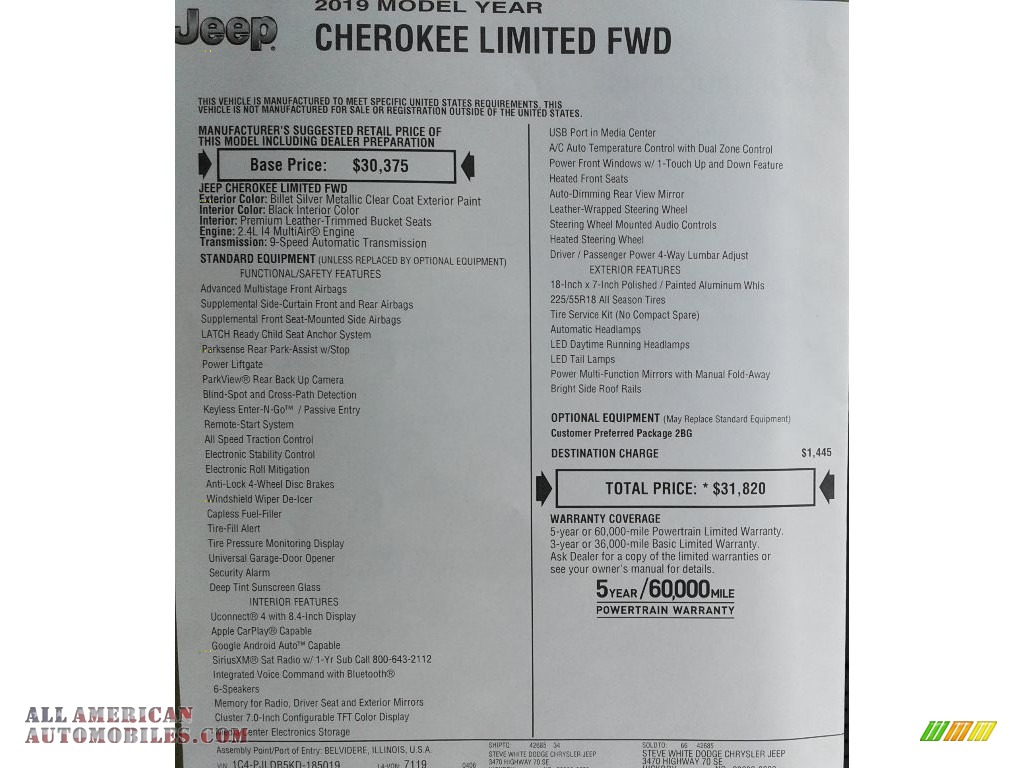 2019 Cherokee Limited - Billet Silver Metallic / Black photo #34