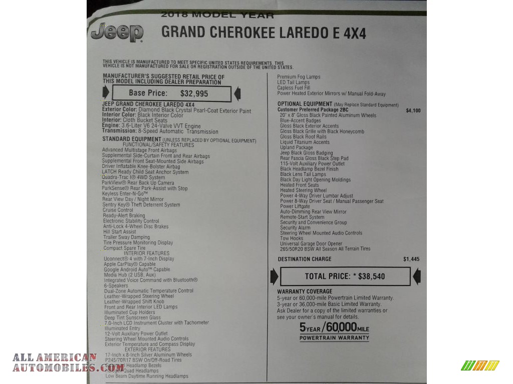 2018 Grand Cherokee Laredo 4x4 - Diamond Black Crystal Pearl / Black photo #34