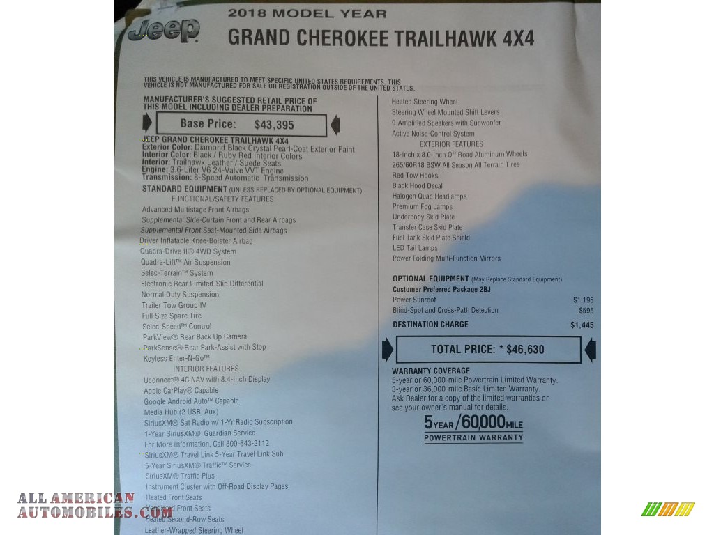 2018 Grand Cherokee Trailhawk 4x4 - Diamond Black Crystal Pearl / Black photo #38
