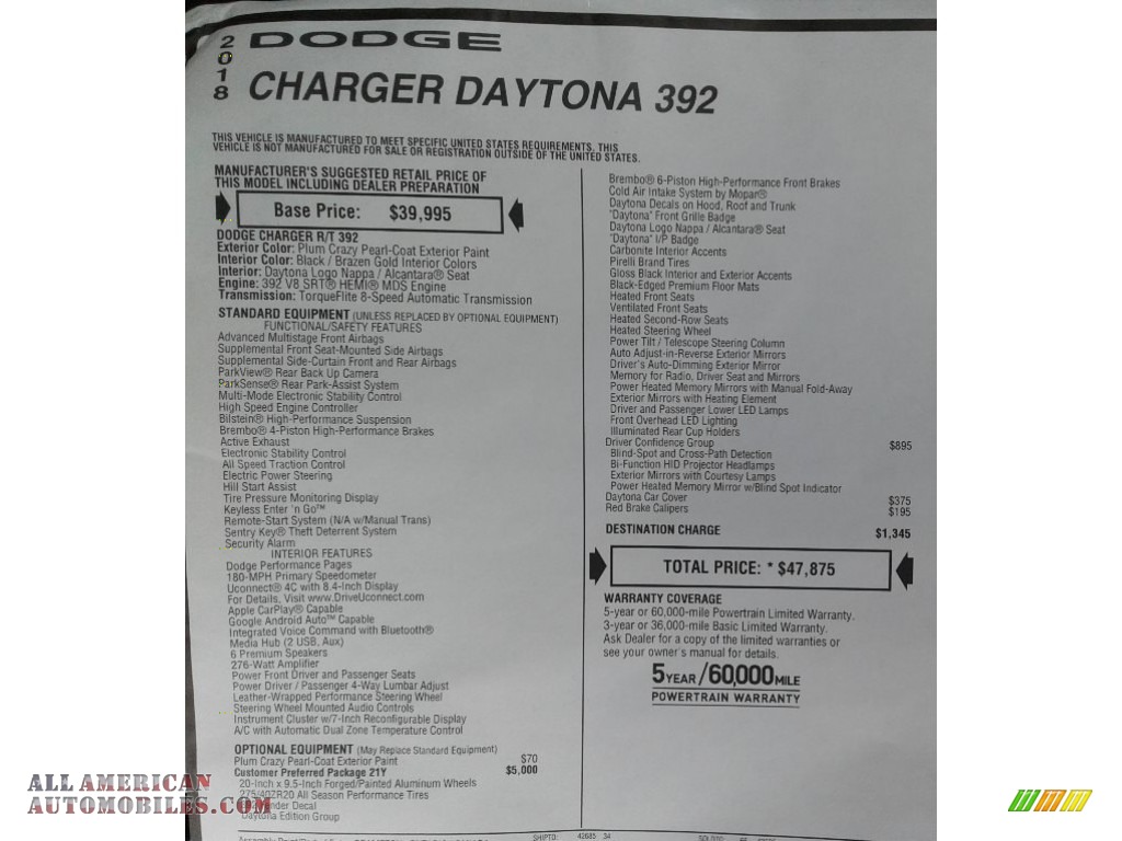 2018 Charger Daytona 392 - Plum Crazy Pearl / Black photo #36