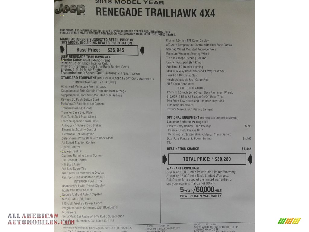 2018 Renegade Trailhawk 4x4 - Anvil / Black photo #31