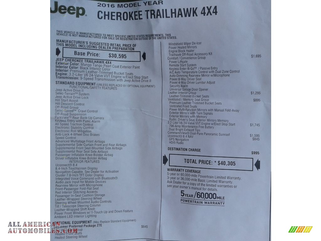 2016 Cherokee Trailhawk 4x4 - Mango Tango Pearl / Black photo #37