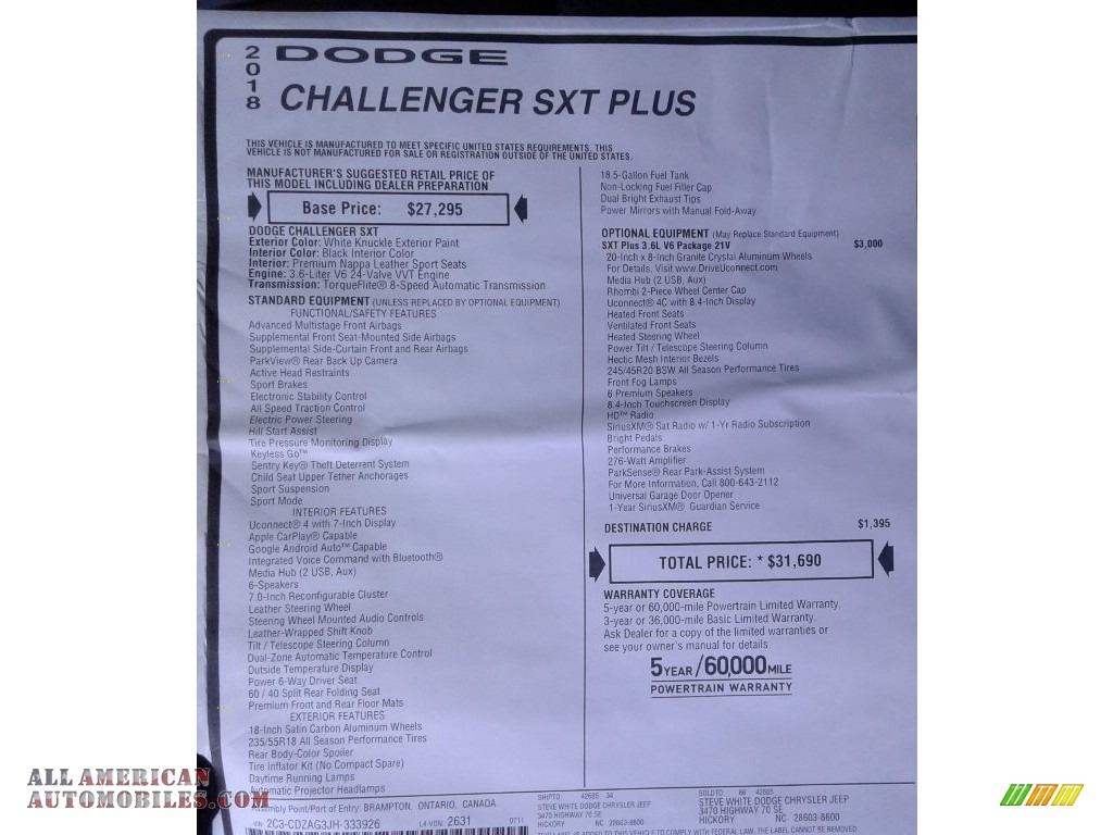 2018 Challenger SXT - White Knuckle / Black photo #31