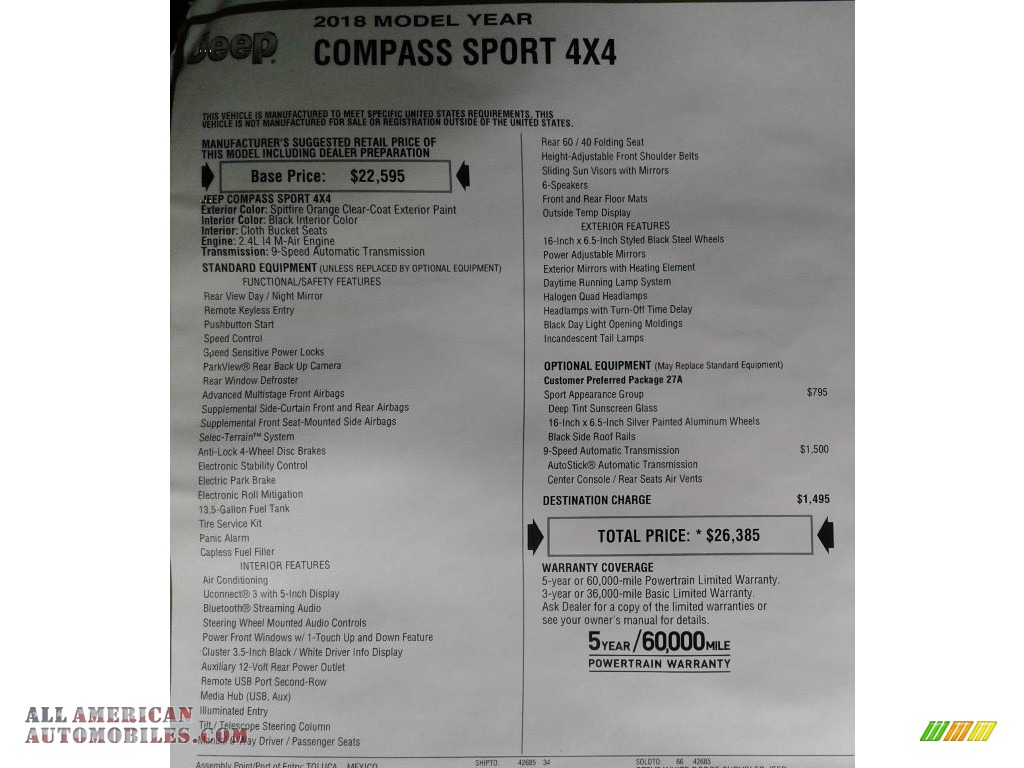 2018 Compass Sport 4x4 - Spitfire Orange / Black photo #29