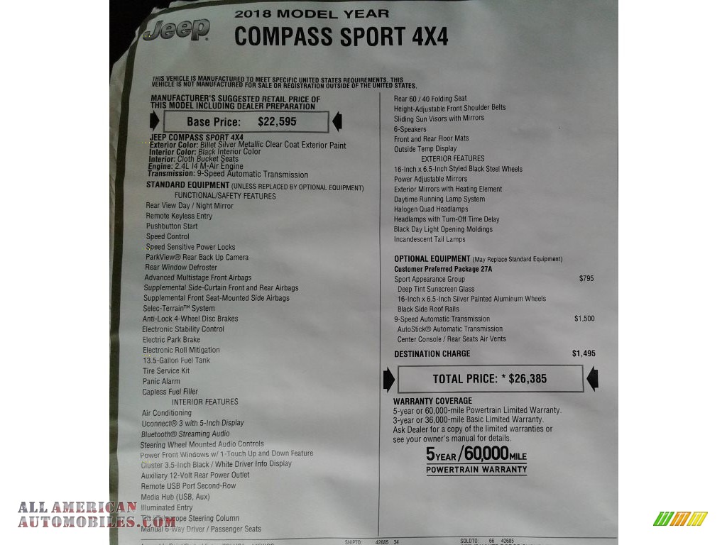 2018 Compass Sport 4x4 - Billet Silver Metallic / Black photo #27
