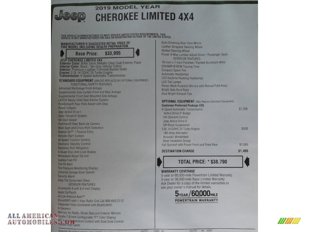 2019 Cherokee Limited 4x4 - Billet Silver Metallic / Black/Ski Grey photo #37