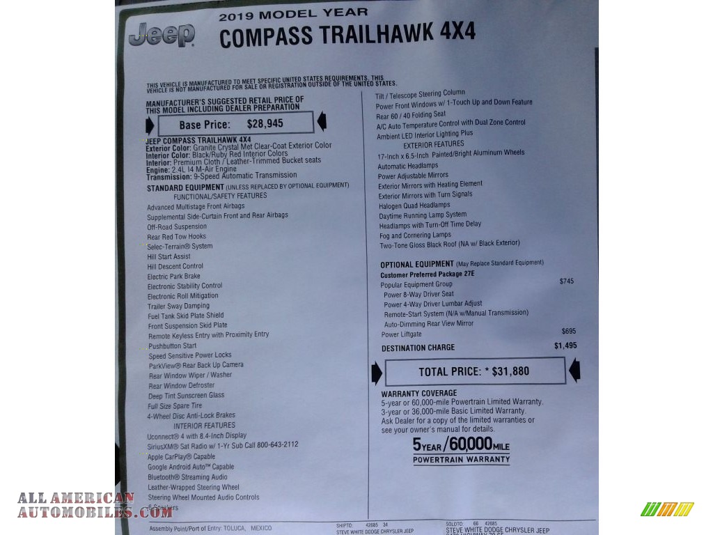 2019 Compass Trailhawk 4x4 - Granite Crystal Metallic / Black/Ruby photo #33