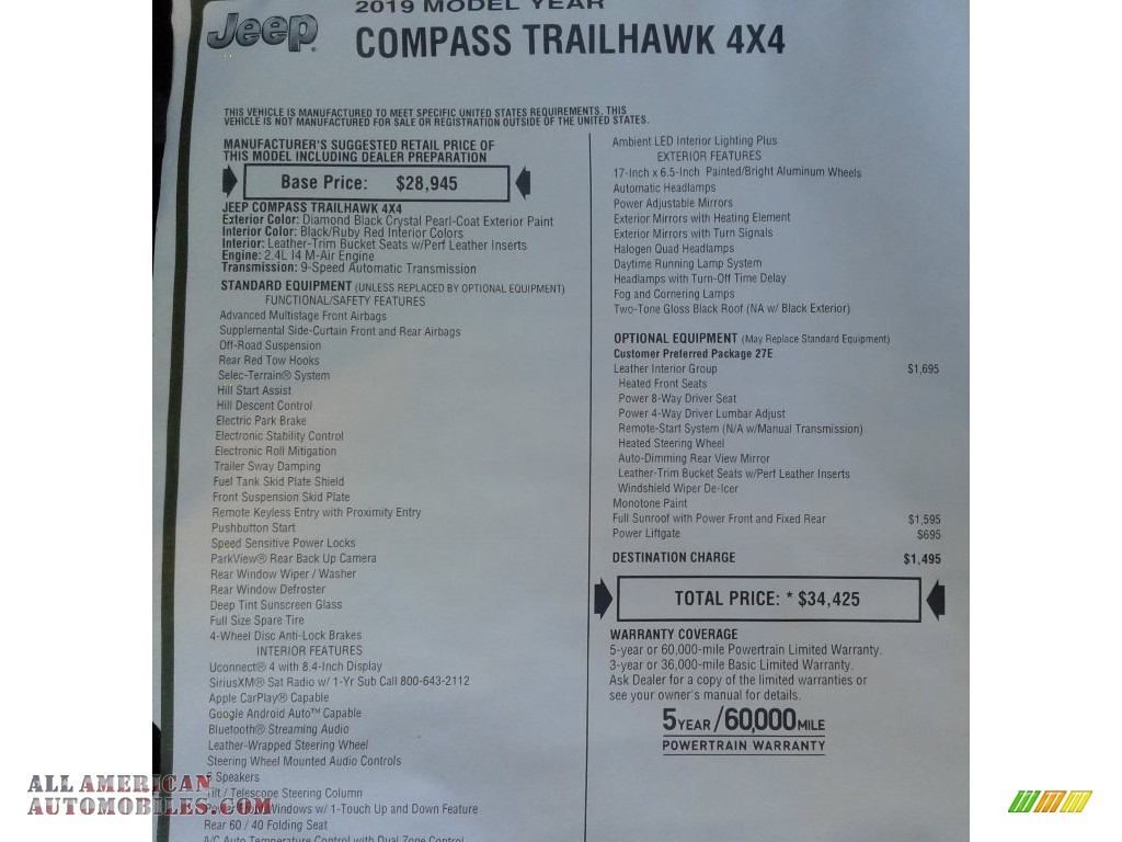 2019 Compass Trailhawk 4x4 - Diamond Black Crystal Pearl / Black/Ruby photo #35