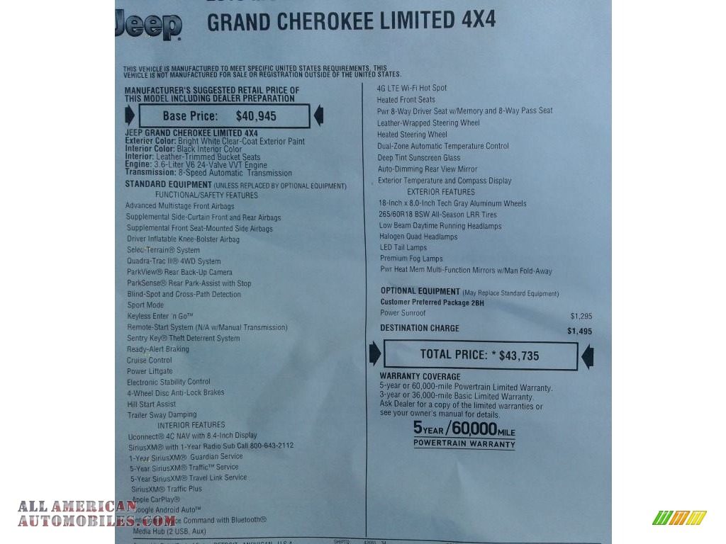 2019 Grand Cherokee Limited 4x4 - Bright White / Black photo #38