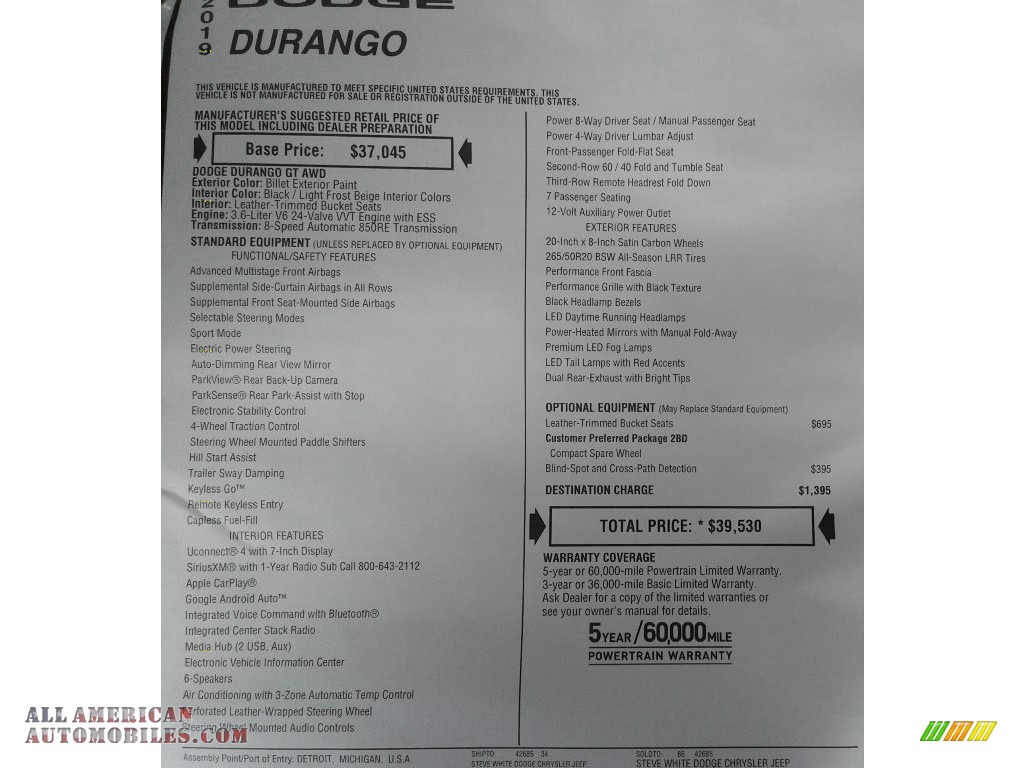 2019 Durango GT AWD - Billet / Black photo #36