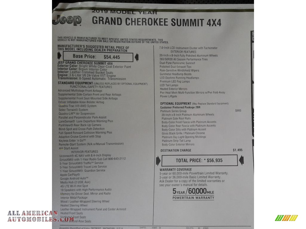 2019 Grand Cherokee Summit 4x4 - Bright White / Brown photo #40