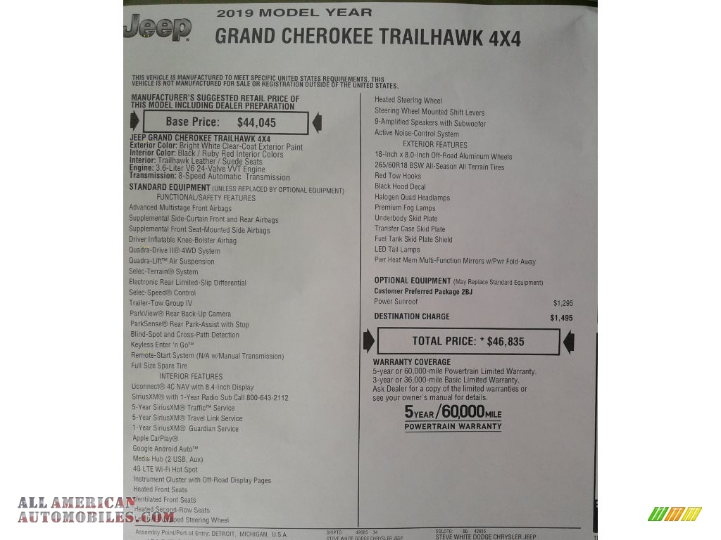 2019 Grand Cherokee Trailhawk 4x4 - Bright White / Ruby Red/Black photo #40