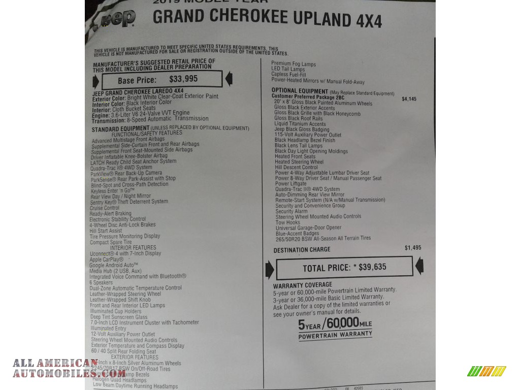 2019 Grand Cherokee Upland 4x4 - Bright White / Black photo #32