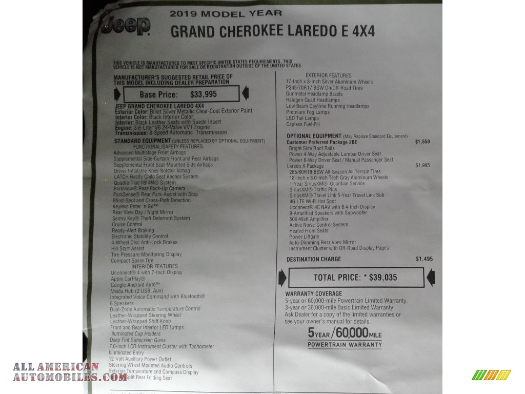 2019 Grand Cherokee Laredo 4x4 - Billet Silver Metallic / Black photo #37