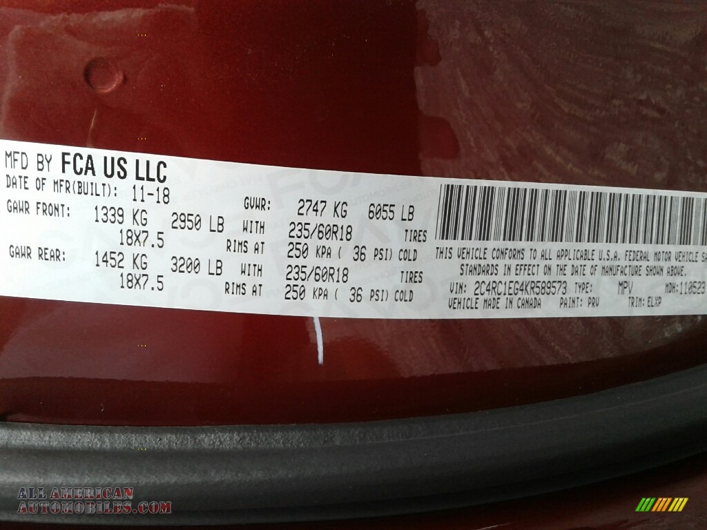 2019 Pacifica Touring L Plus - Velvet Red Pearl / Black/Alloy photo #22