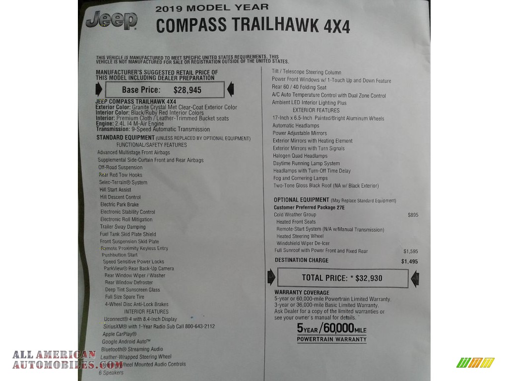 2019 Compass Trailhawk 4x4 - Granite Crystal Metallic / Black/Ruby photo #35
