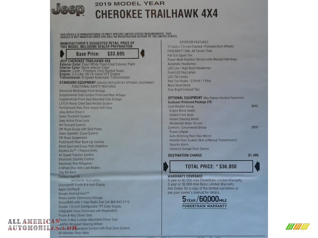 2019 Cherokee Trailhawk 4x4 - Pearl White / Black photo #34