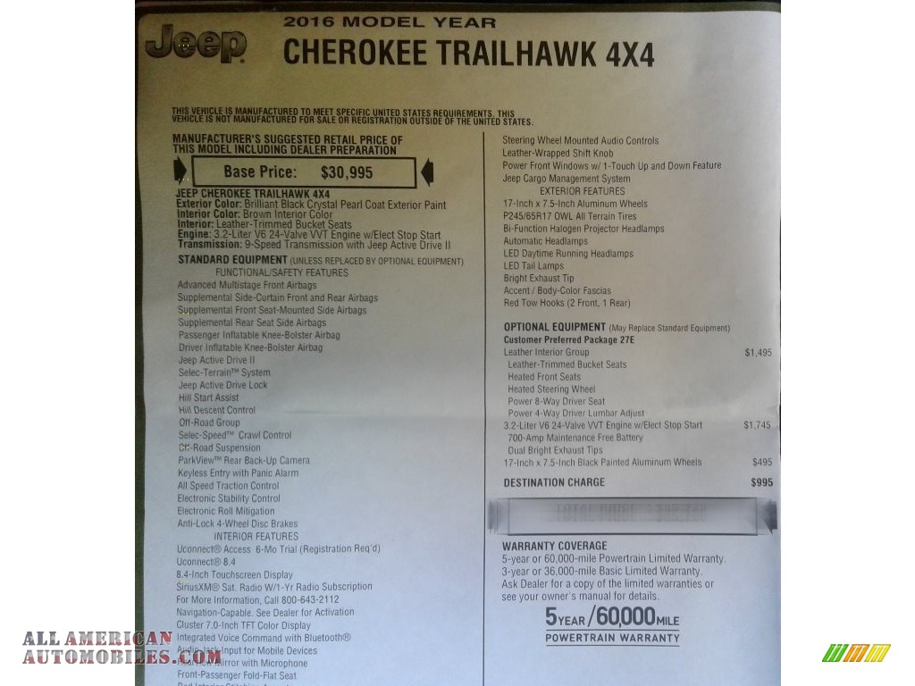 2016 Cherokee Trailhawk 4x4 - Brilliant Black Crystal Pearl / Black photo #36