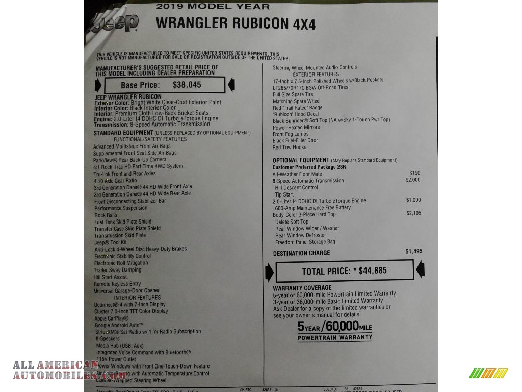 2019 Wrangler Rubicon 4x4 - Bright White / Black photo #31