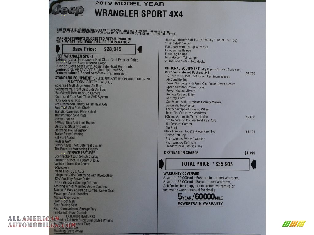 2019 Wrangler Sport 4x4 - Firecracker Red / Black photo #28