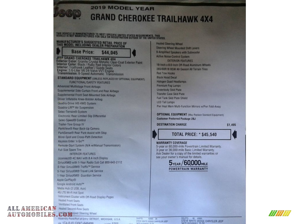 2019 Grand Cherokee Trailhawk 4x4 - Granite Crystal Metallic / Ruby Red/Black photo #39