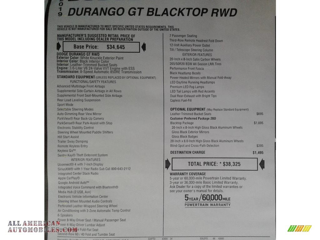 2019 Durango GT - White Knuckle / Black photo #38