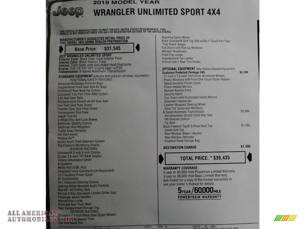 2019 Wrangler Unlimited Sport 4x4 - Black / Black photo #28