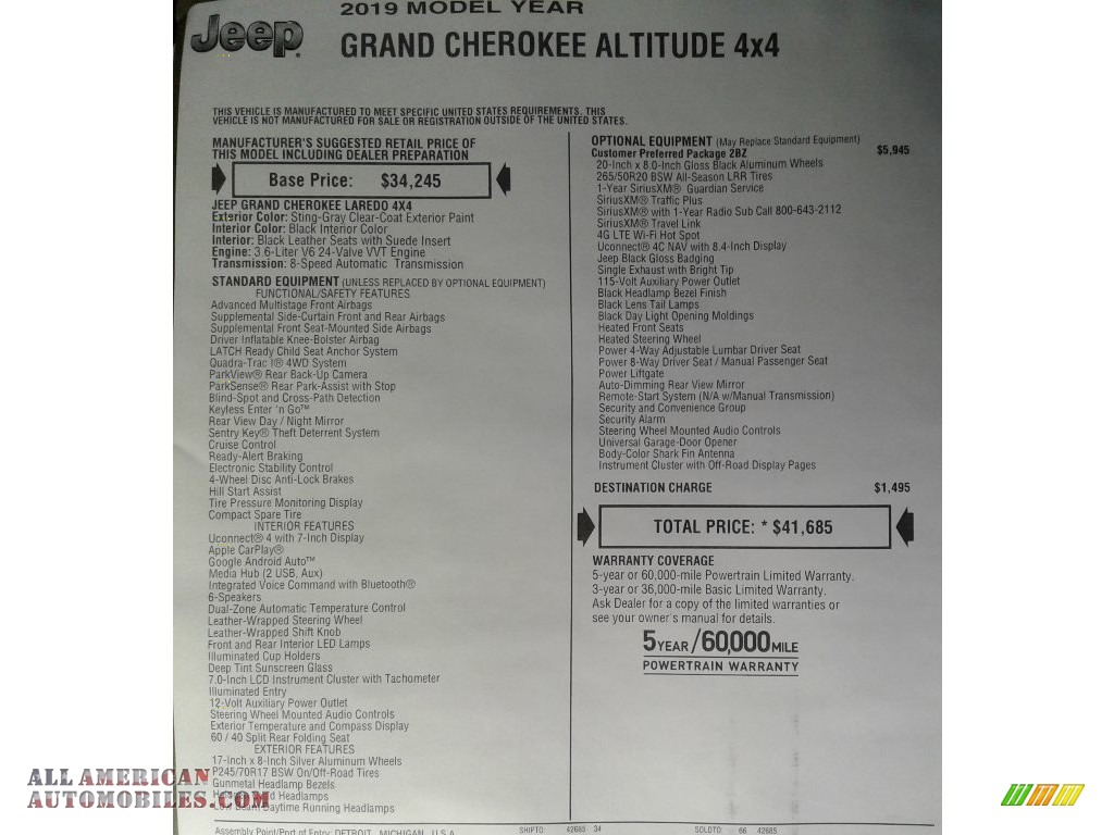 2019 Grand Cherokee Altitude 4x4 - Sting-Gray / Black photo #37