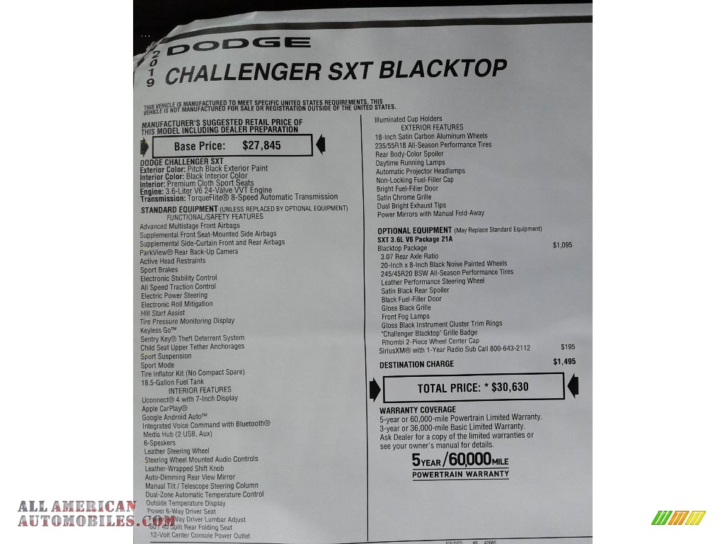 2019 Challenger SXT - Pitch Black / Black photo #30
