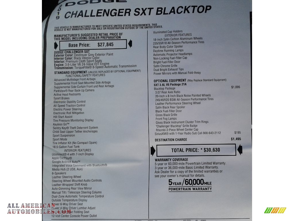 2019 Challenger SXT - Destroyer Gray / Black photo #32