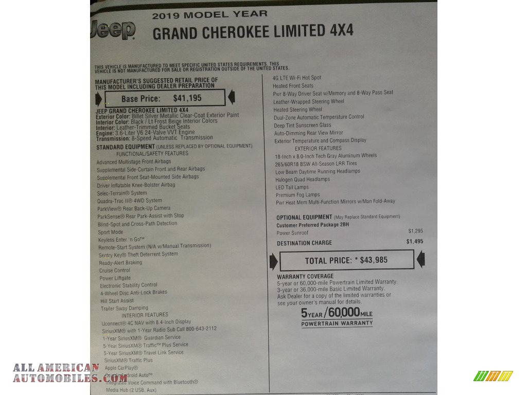 2019 Grand Cherokee Limited 4x4 - Billet Silver Metallic / Light Frost Beige/Black photo #39
