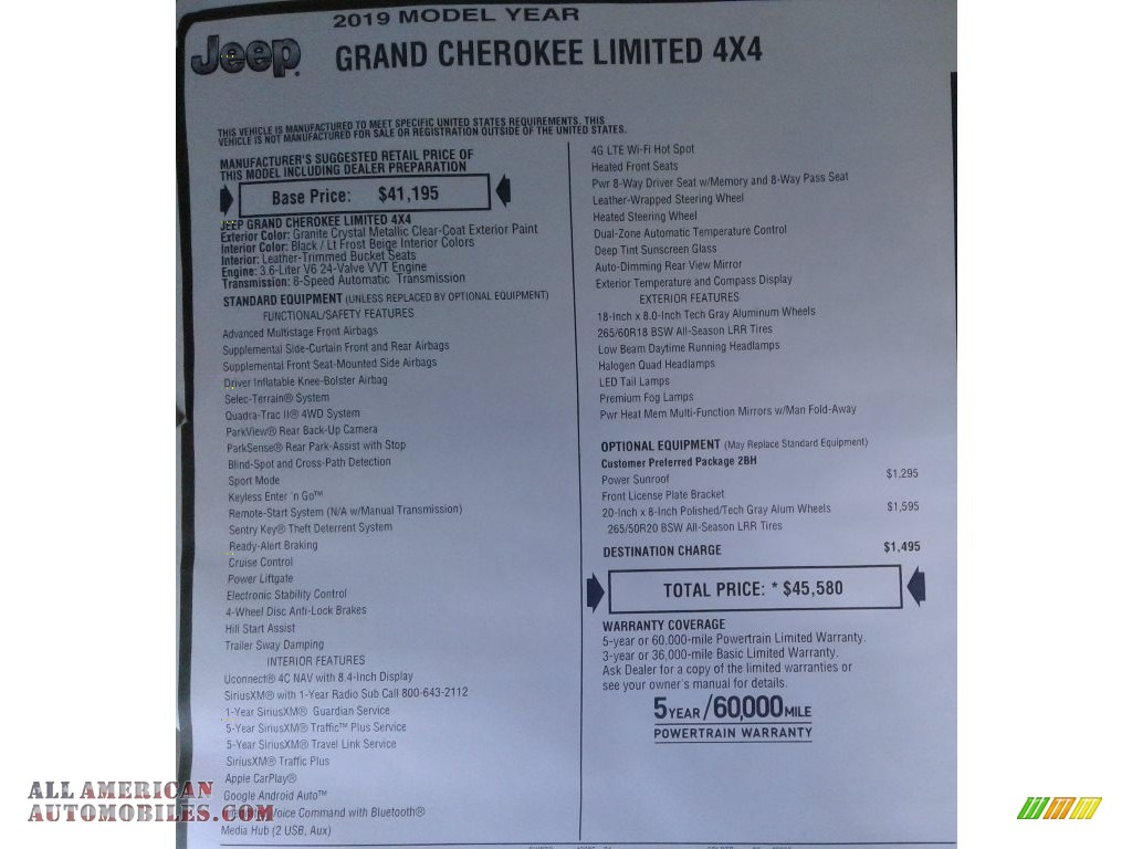 2019 Grand Cherokee Limited 4x4 - Granite Crystal Metallic / Light Frost Beige/Black photo #40