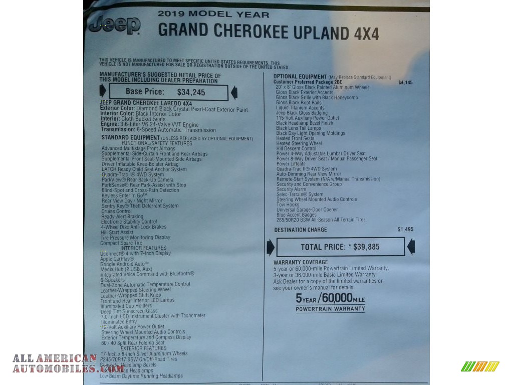 2019 Grand Cherokee Upland 4x4 - Diamond Black Crystal Pearl / Black photo #34