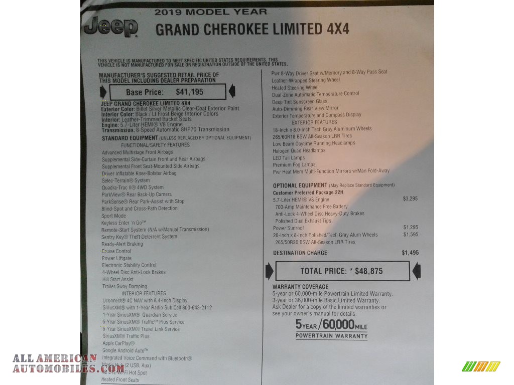 2019 Grand Cherokee Limited 4x4 - Billet Silver Metallic / Light Frost Beige/Black photo #37