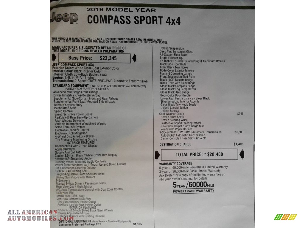 2019 Compass Sport 4x4 - White / Black photo #32