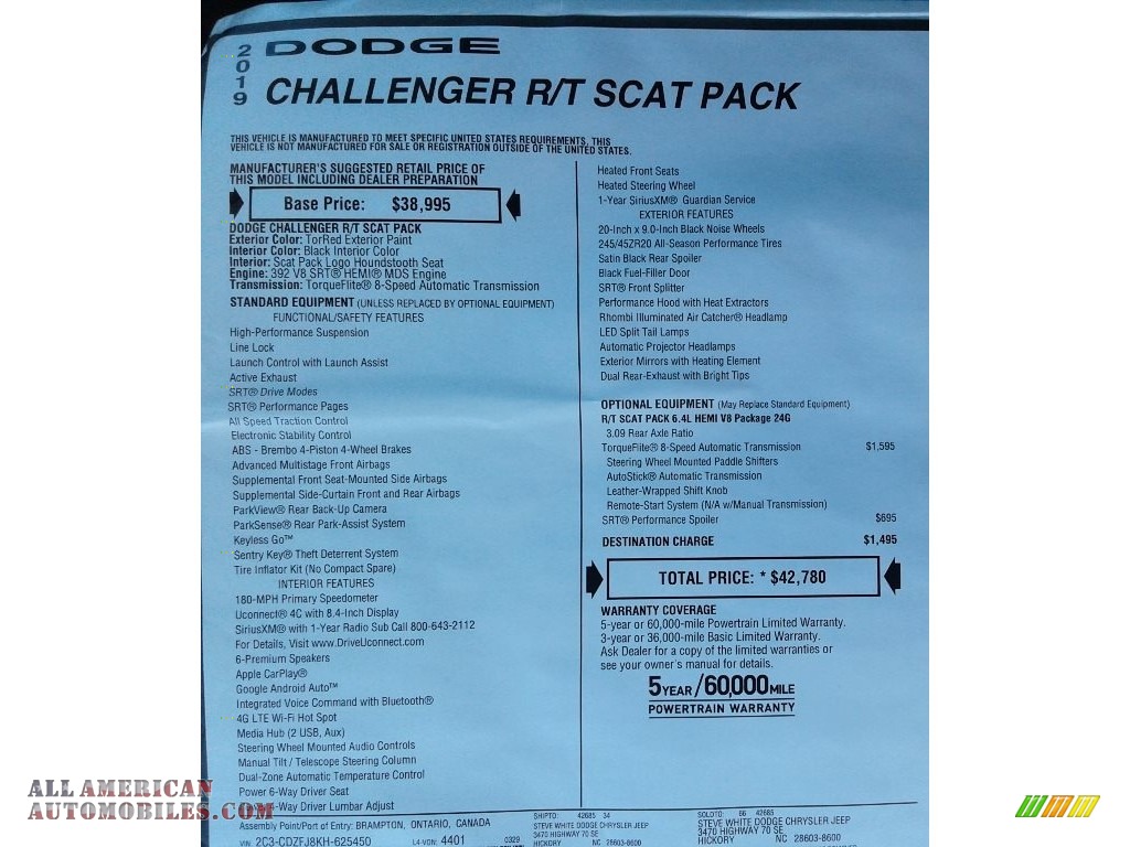 2019 Challenger R/T Scat Pack - Torred / Black photo #36