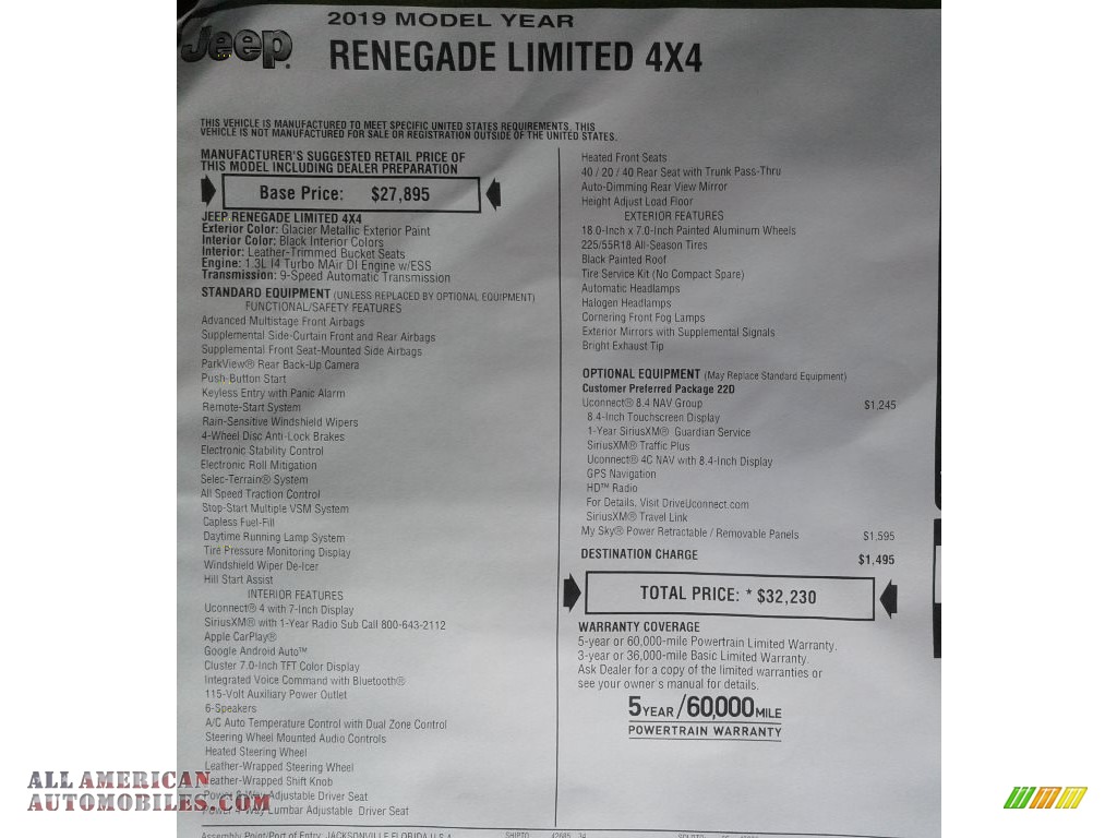 2019 Renegade Limited 4x4 - Glacier Metallic / Black photo #34