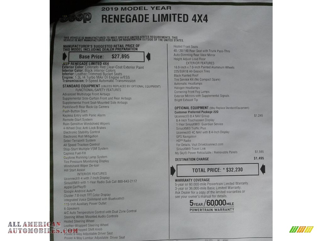 2019 Renegade Limited 4x4 - Colorado Red / Black photo #34