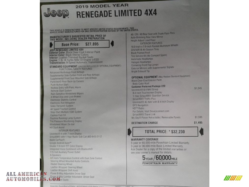 2019 Renegade Limited 4x4 - Black / Black photo #35