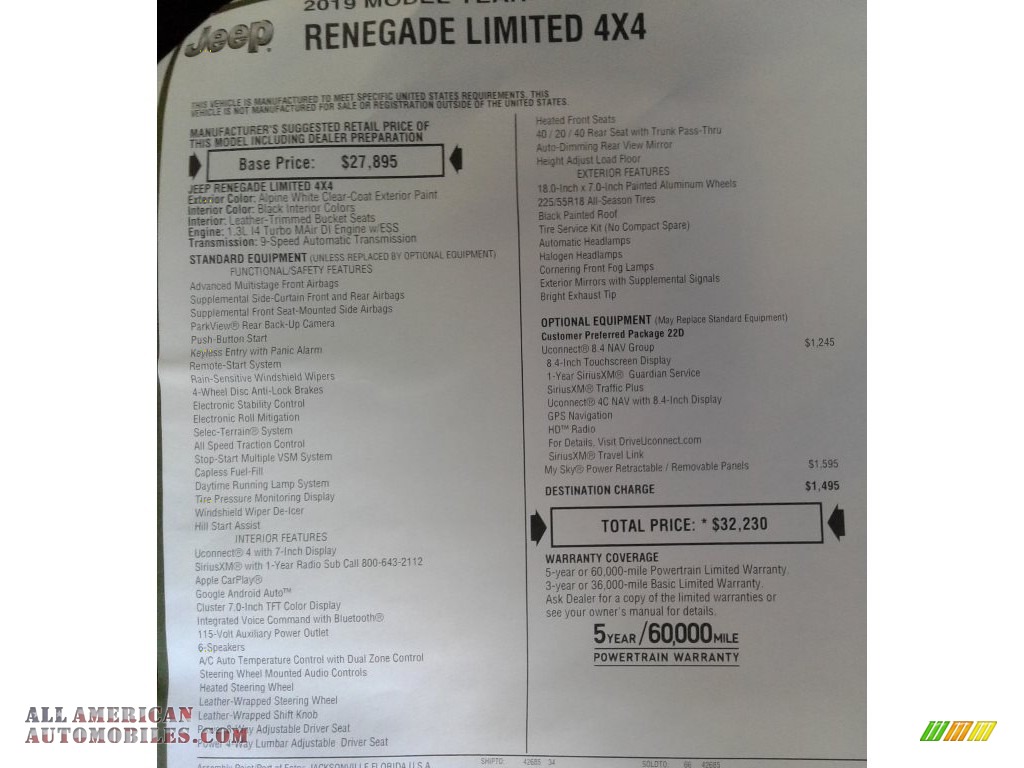 2019 Renegade Limited 4x4 - Alpine White / Black photo #35