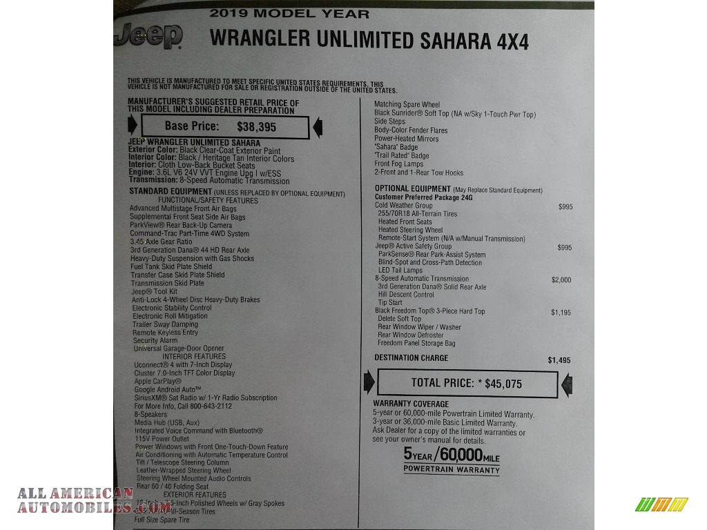 2019 Wrangler Unlimited Sahara 4x4 - Black / Black/Heritage Tan photo #32
