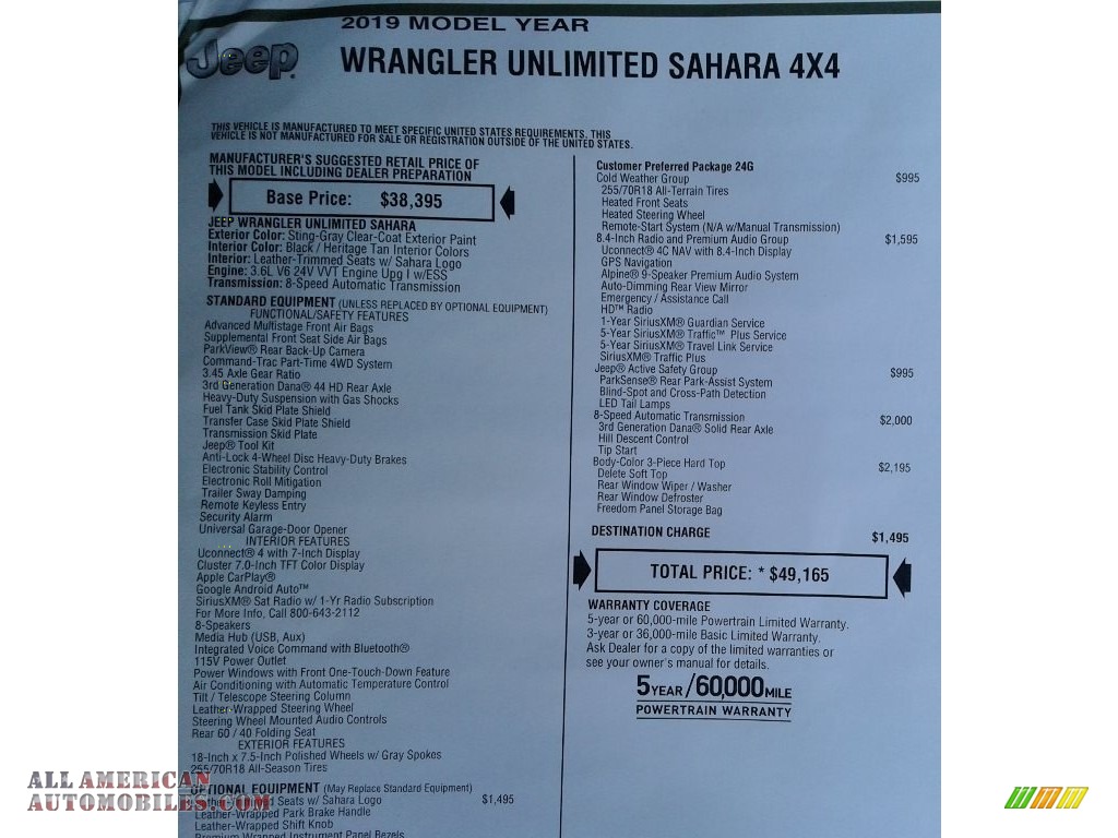 2019 Wrangler Unlimited Sahara 4x4 - Sting-Gray / Black/Heritage Tan photo #36